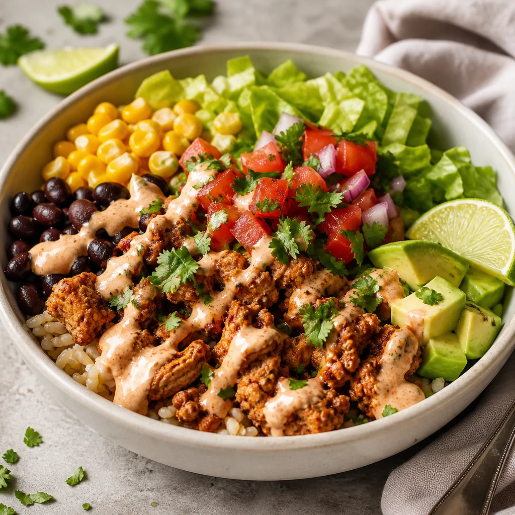 Final spicy turkey taco meal prep bowl with rice beans corn lettuce pico avocado lime cilantro and chipotle sauce