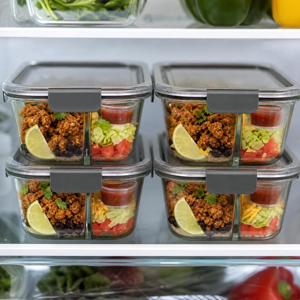 Spicy turkey taco meal prep bowls stored in sealed glass containers with sauce cups and lime