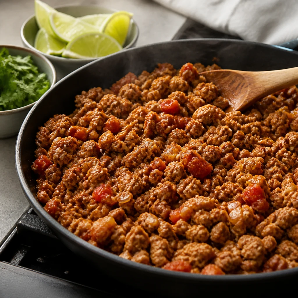 Spicy taco ground turkey cooking in a skillet with lime and cilantro nearby