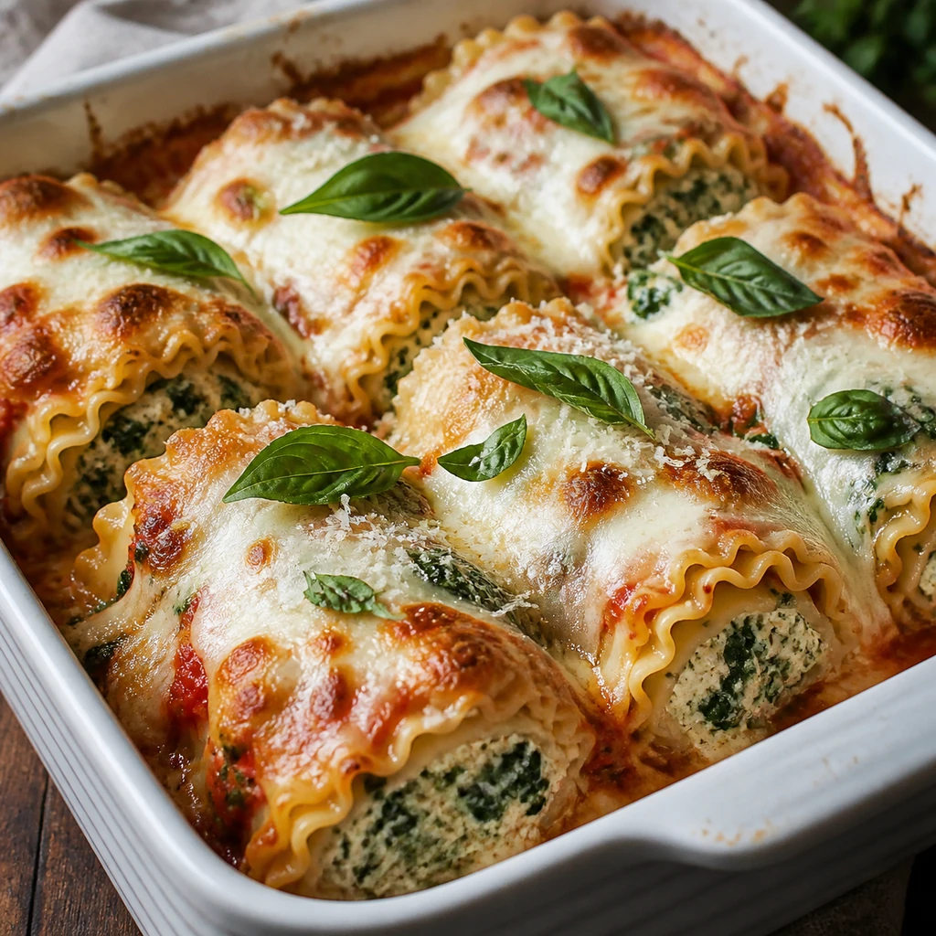 Golden baked spinach lasagna roll-ups with basil