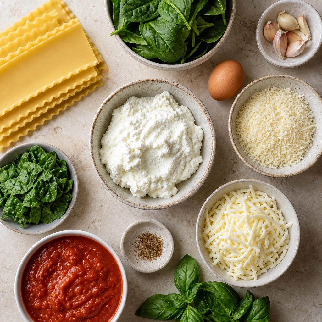 Lasagna roll-up ingredients arranged on a kitchen counter