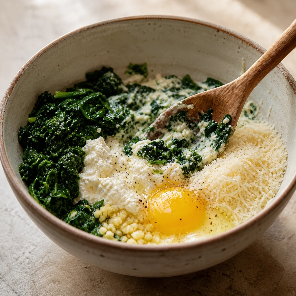 Spinach ricotta filling being mixed in a bowl