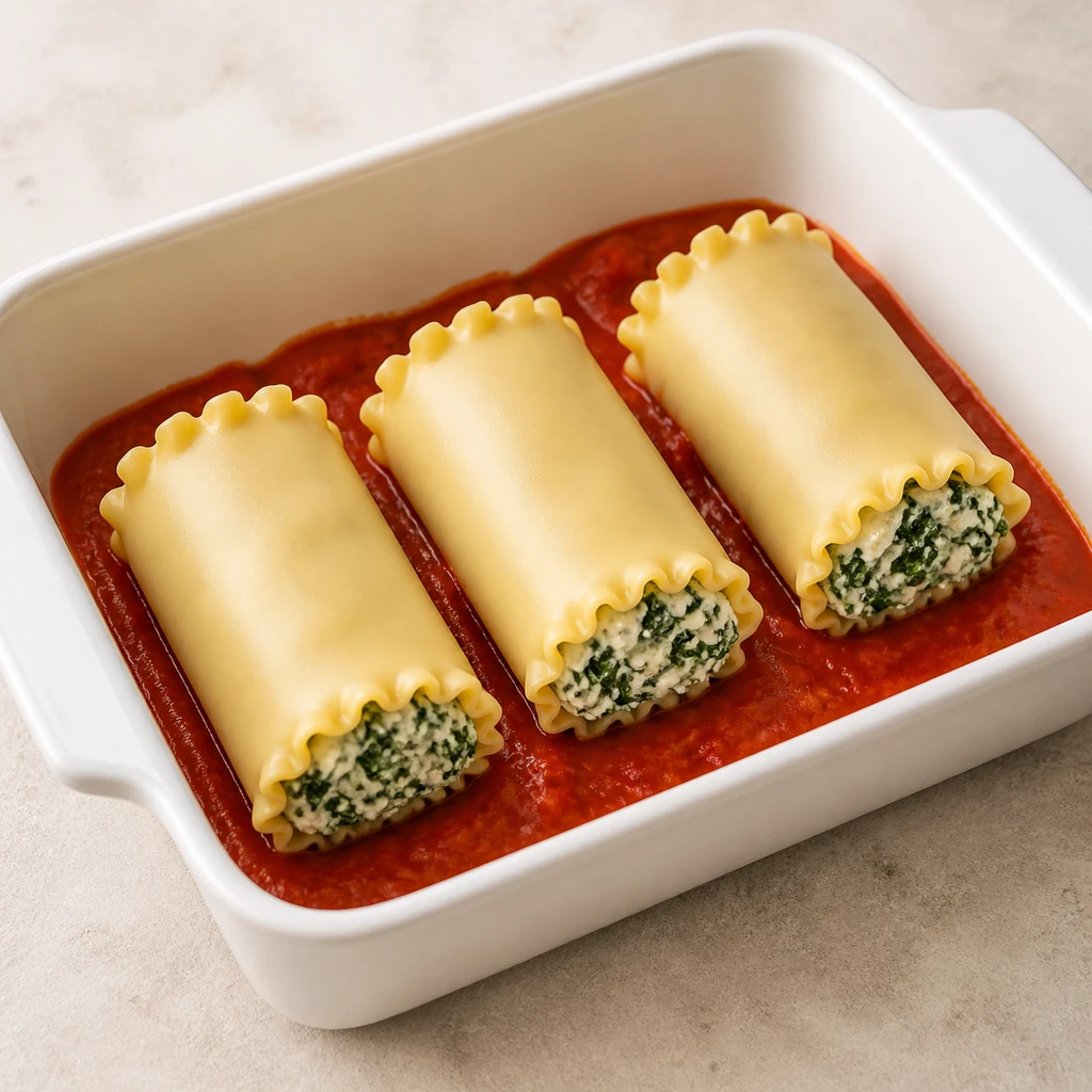 Spinach lasagna rolls arranged over marinara sauce