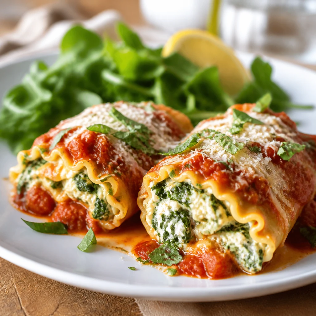 Two spinach lasagna roll-ups served with arugula salad