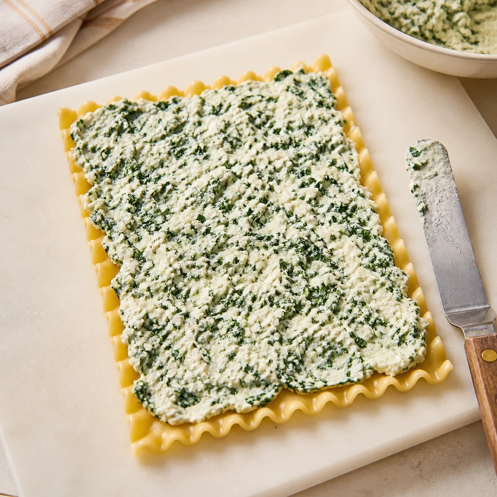 Spinach ricotta filling spread over a cooked lasagna noodle