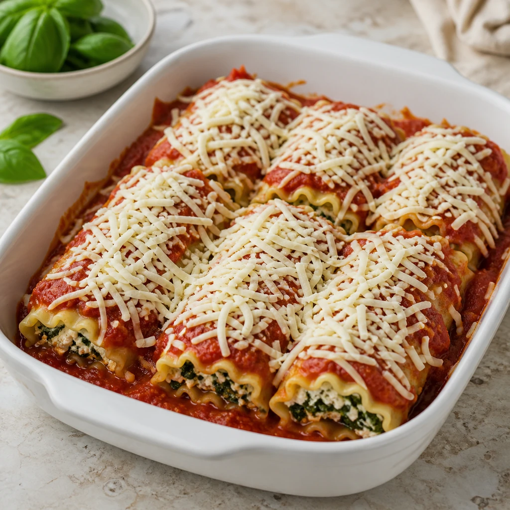 Lasagna roll-ups topped with marinara and mozzarella before baking