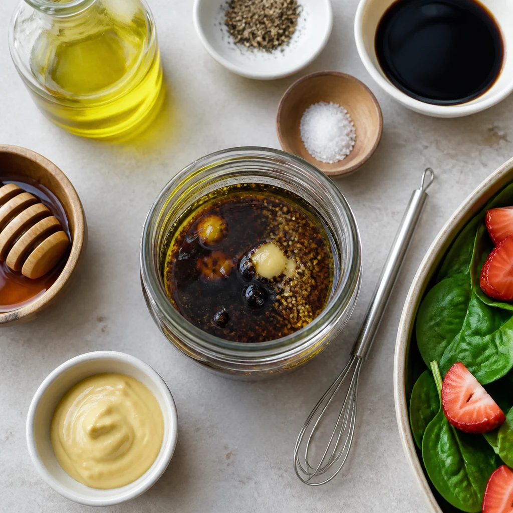 Balsamic honey Dijon dressing prepared in a glass jar for spinach strawberry salad