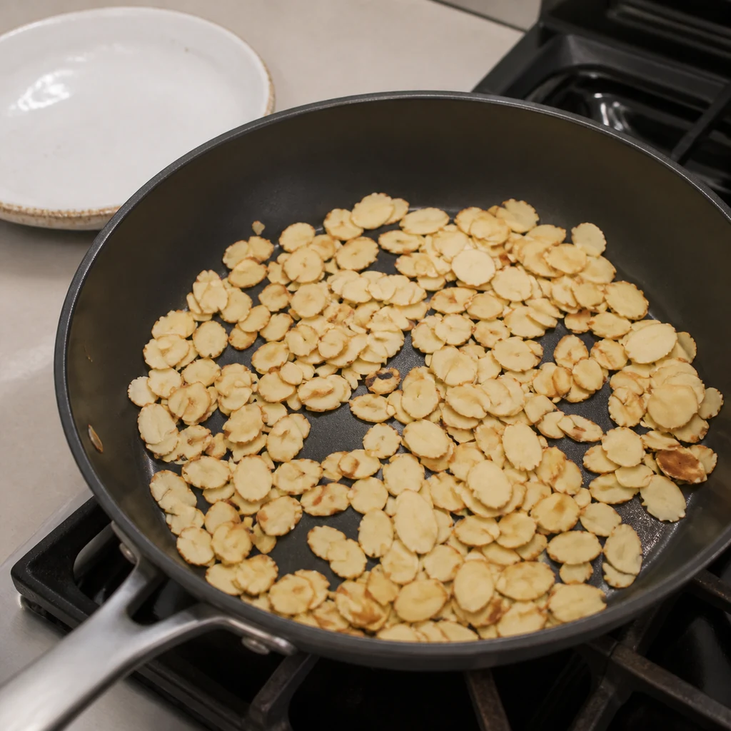 Sliced almonds toasted in a dry skillet for spinach strawberry salad