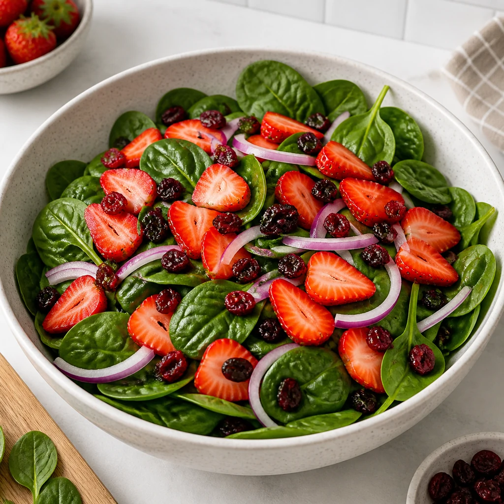 Baby spinach, sliced strawberries, red onion, and dried cranberries combined in a salad bowl
