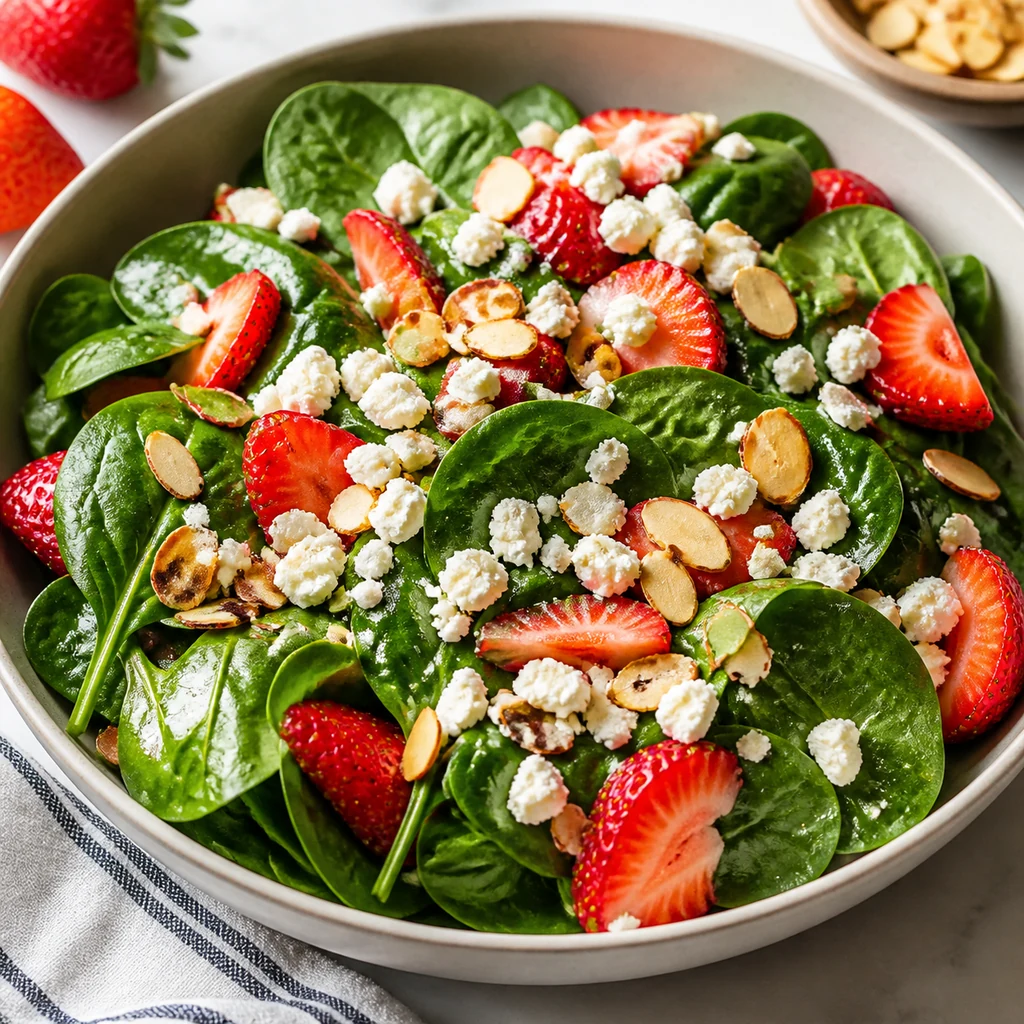 Crumbled feta and toasted almonds sprinkled over spinach strawberry salad