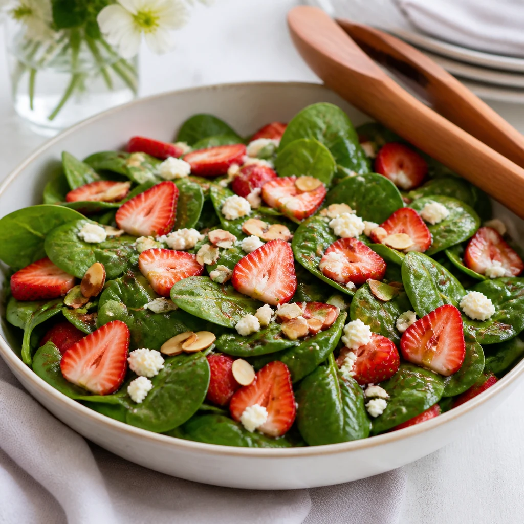 Spinach strawberry salad lightly dressed with balsamic vinaigrette and ready to serve