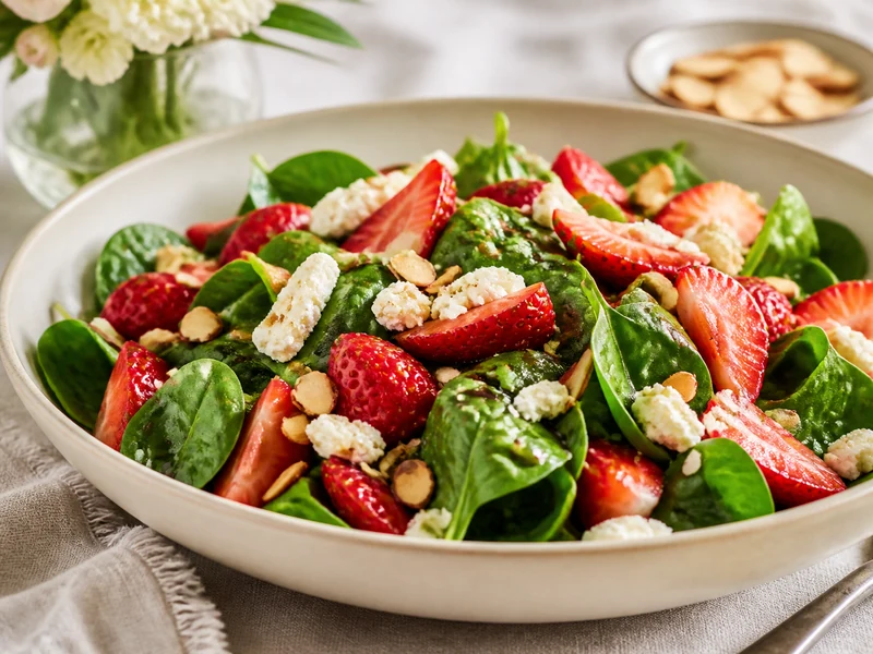 Spinach strawberry salad with feta, toasted almonds, and balsamic dressing