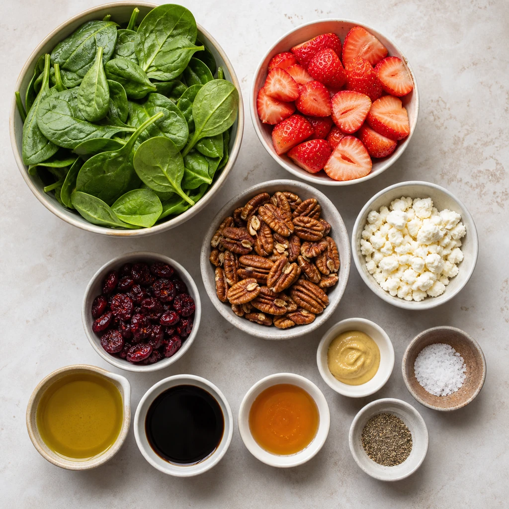 Ingredients for spinach strawberry salad arranged together