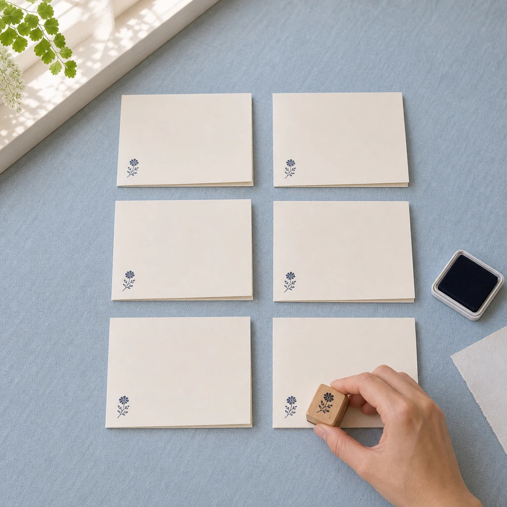 Six note cards decorated with a small navy flower stamp