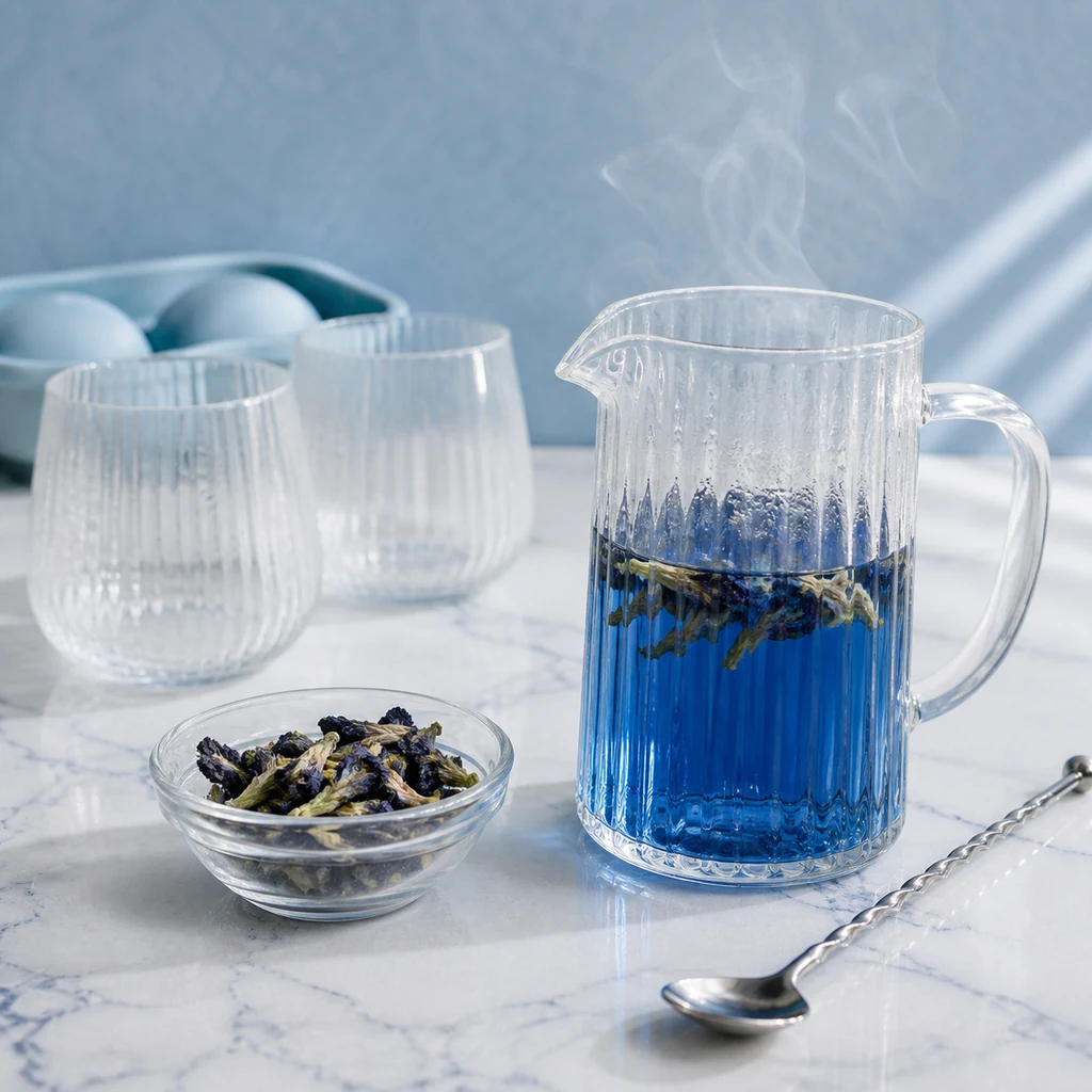 Butterfly pea flowers steeping into sapphire blue tea