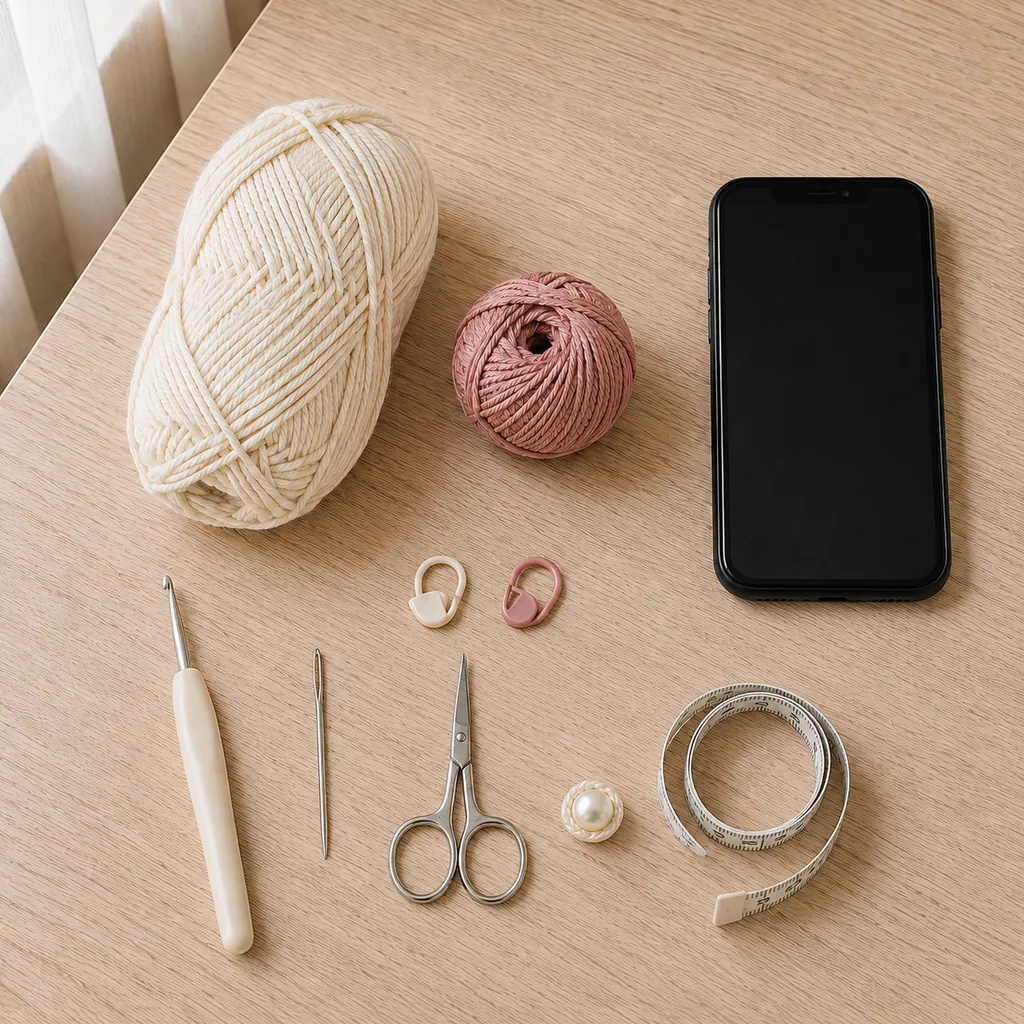 Ivory and dusty rose cotton yarn, 4 mm crochet hook, tapestry needle, scissors, two stitch markers, tape measure, pearl button, and smartphone.
