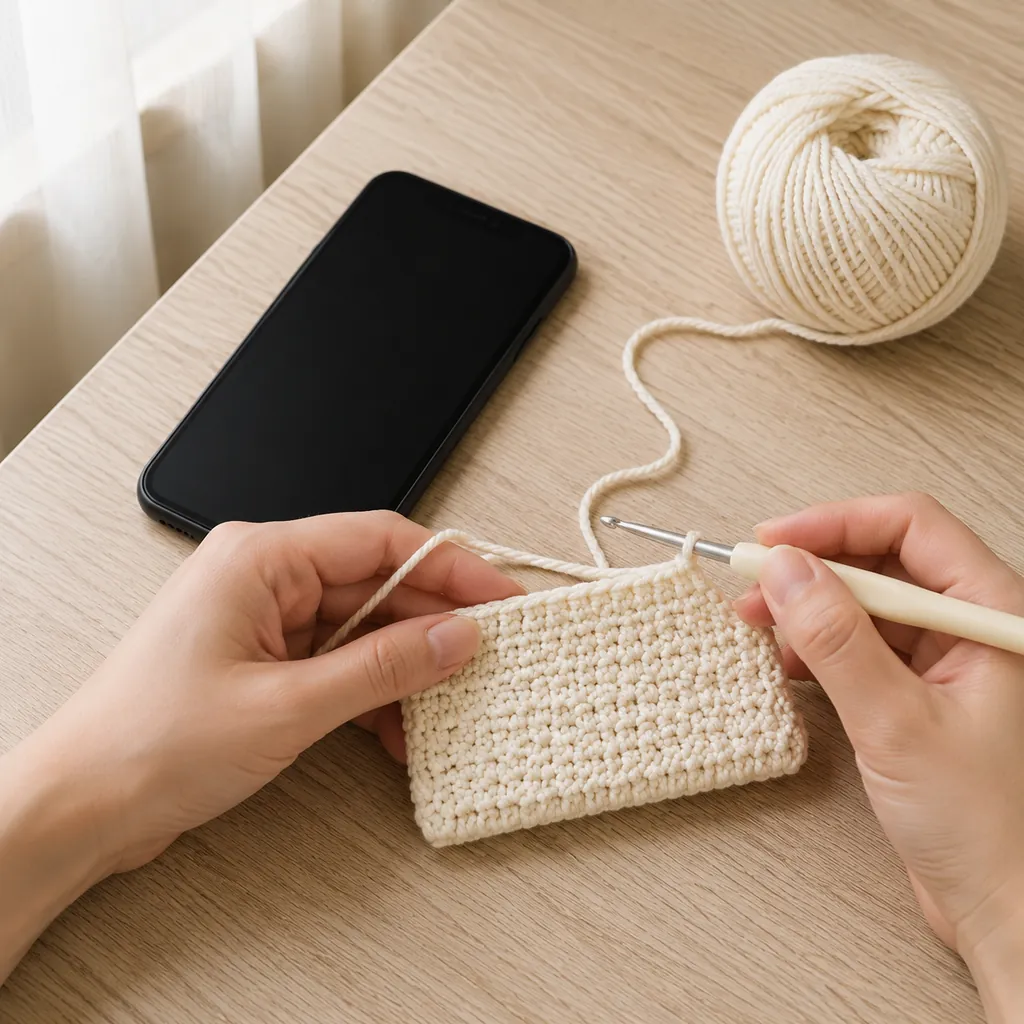 Beginner single crochet rectangle worked in ivory cotton yarn beside a smartphone used for sizing.