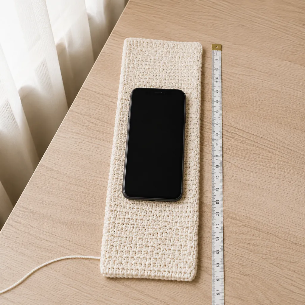 Long ivory crochet rectangle measured against a smartphone before folding into a phone pouch.