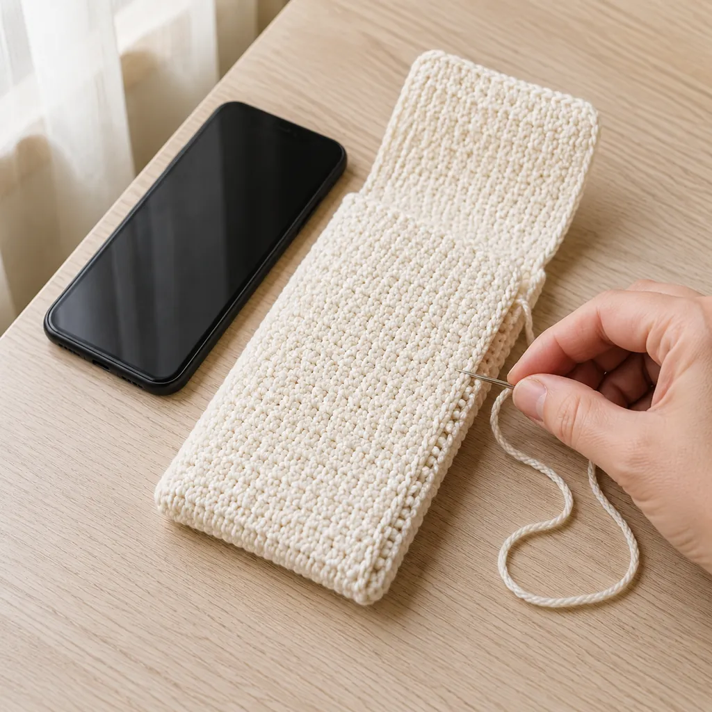 Side seam being sewn through aligned edges of the folded ivory crochet phone pouch.