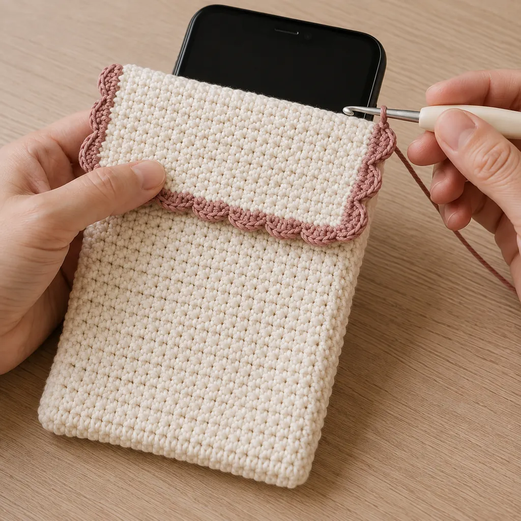 Dusty rose scalloped edging being crocheted around a solid rectangular ivory phone pouch flap.