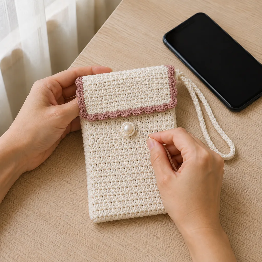 Pearl button being sewn to the finished crochet phone pouch with solid rectangular flap and wrist loop.