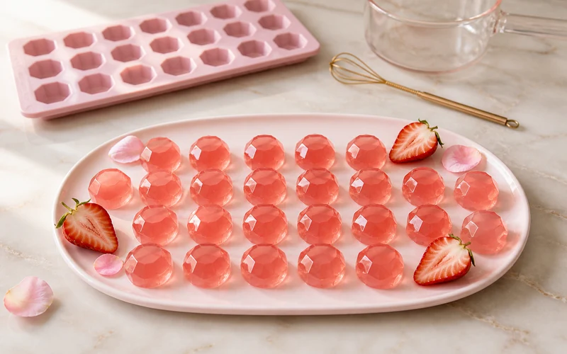 Strawberry rose agar jelly candies shaped like pink gems