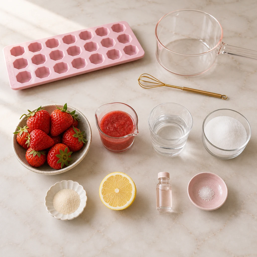 Ingredients for strawberry rose agar jelly candy