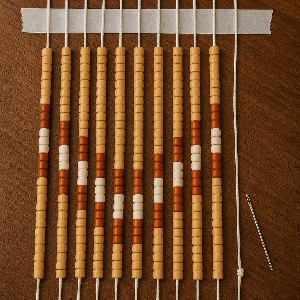Bamboo, terracotta, and cream beads arranged on parallel cotton cords to form a geometric pattern.