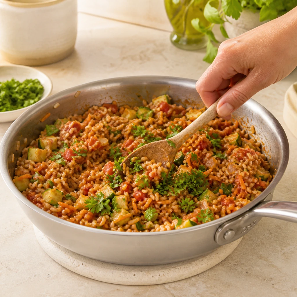 Brown rice, tomato, vegetables, spices, and parsley combined in a skillet