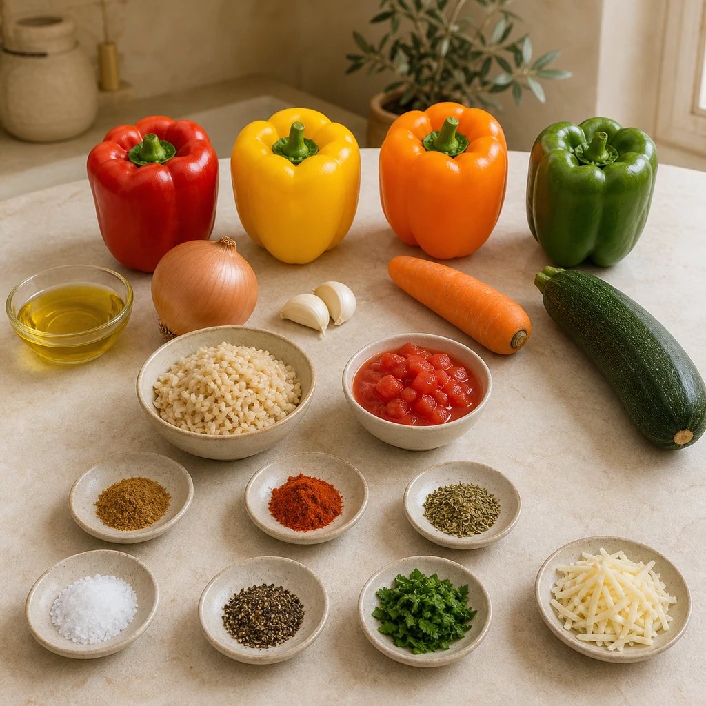 Ingredients for stuffed peppers with brown rice arranged on a kitchen counter