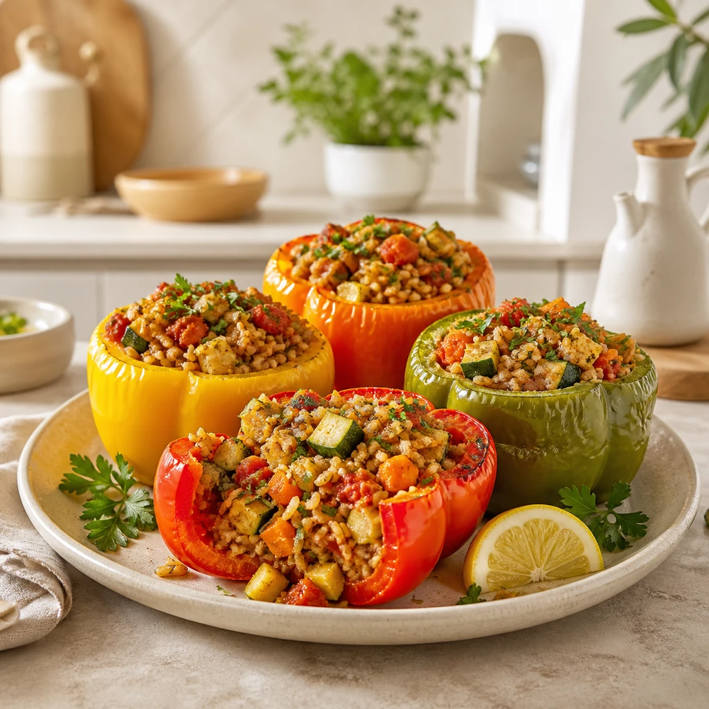 Finished stuffed bell peppers with brown rice, vegetables, parsley, and lemon