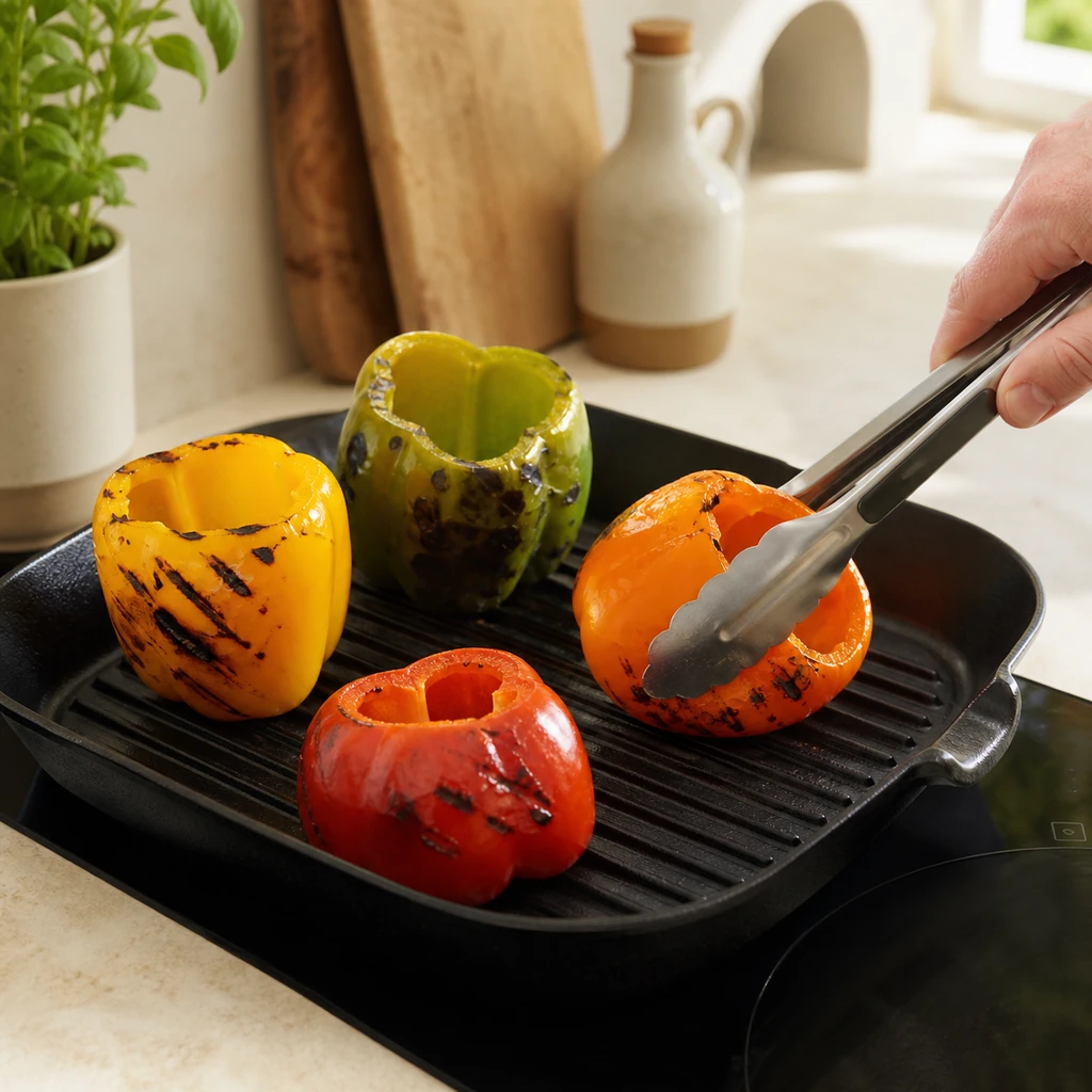 Hollow bell peppers lightly charred in a grill pan