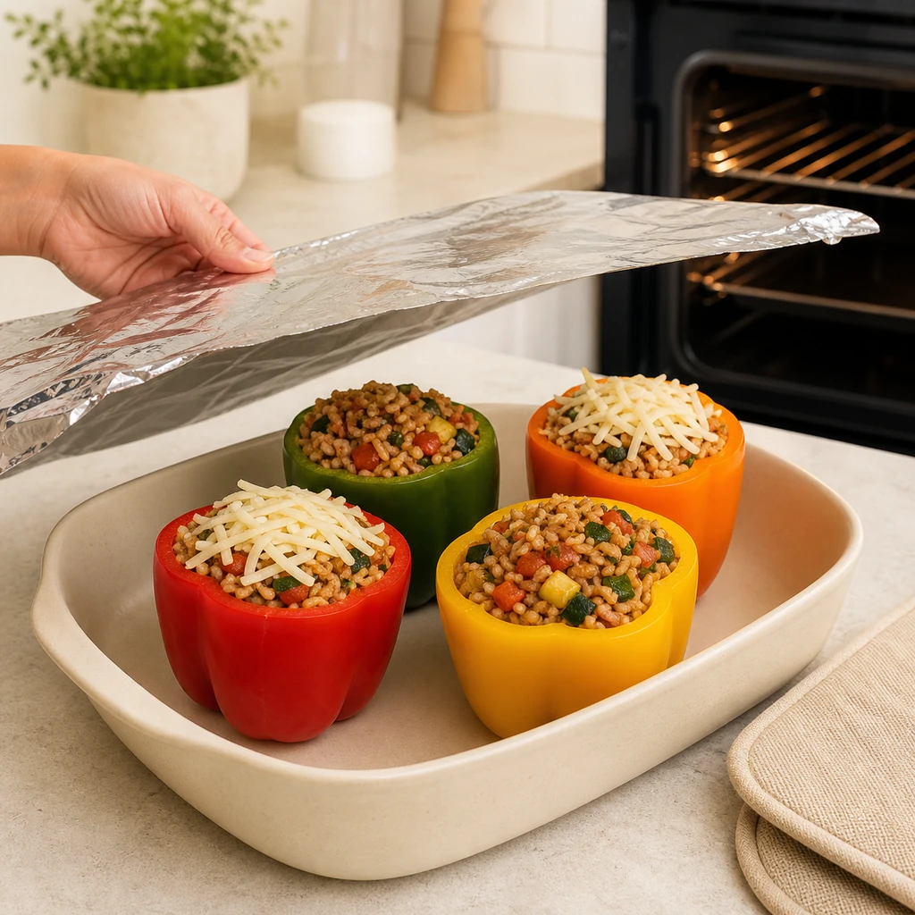 Brown rice filling spooned into bell peppers before baking under foil