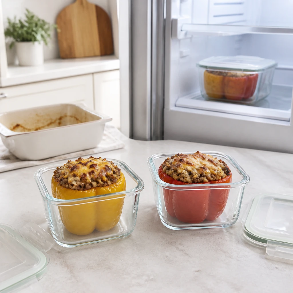 Cooked stuffed peppers portioned in glass meal prep containers