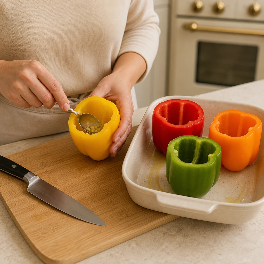 Bell peppers hollowed, lightly oiled, and arranged in a baking dish