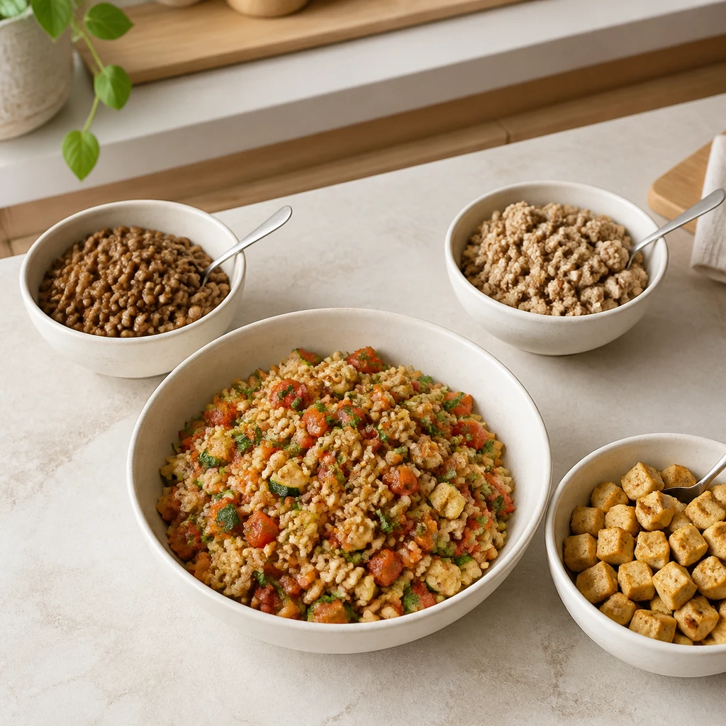 Brown rice vegetable filling with separate lentil, turkey, and tofu protein options