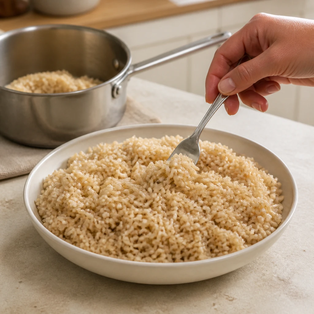 Slightly undercooked brown rice being checked with a fork