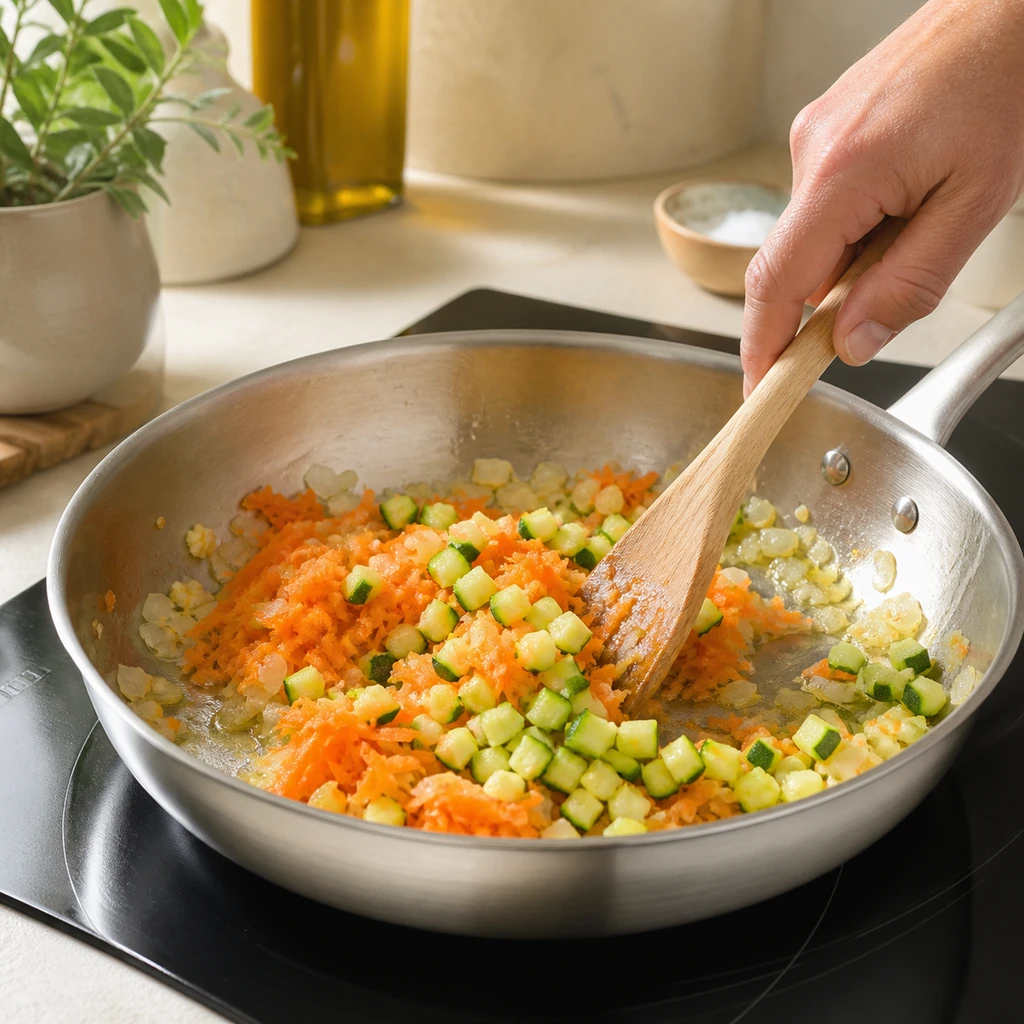 Onion, garlic, carrot, and zucchini sauteing in a skillet