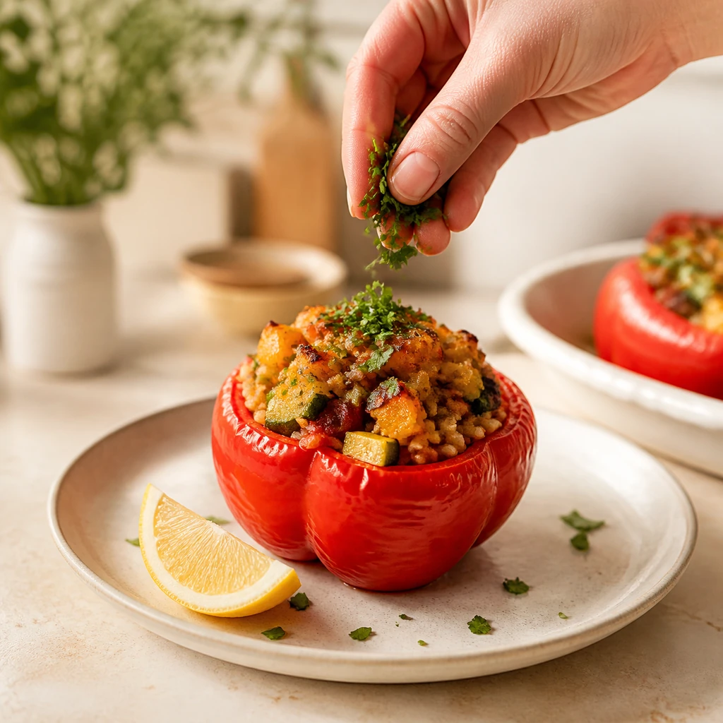Baked stuffed pepper finished with parsley and lemon