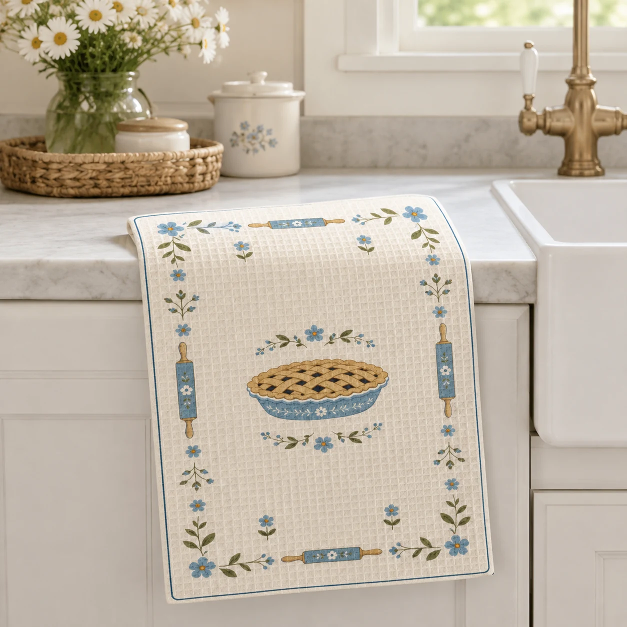 Sunday Bake Tea Towel styled in a cottage kitchen, scene 1
