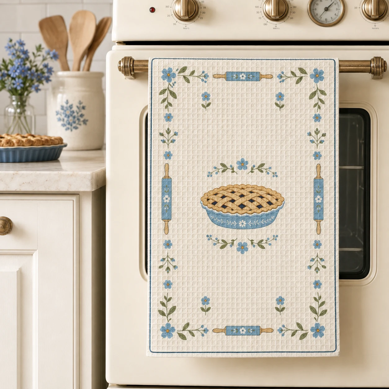 Sunday Bake Tea Towel styled in a cottage kitchen, scene 2