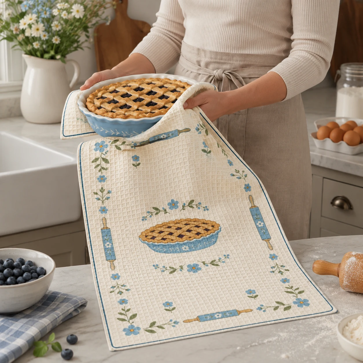 Sunday Bake Tea Towel styled in a cottage kitchen, scene 4
