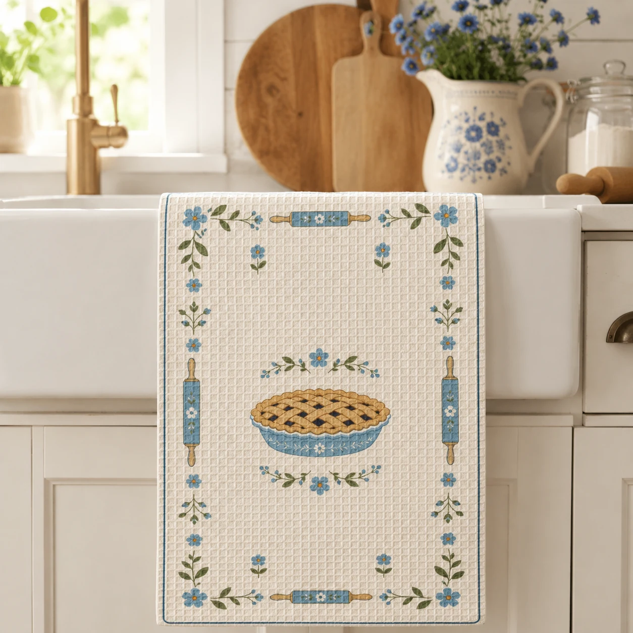 Sunday Bake Tea Towel styled in a cottage kitchen, scene 5