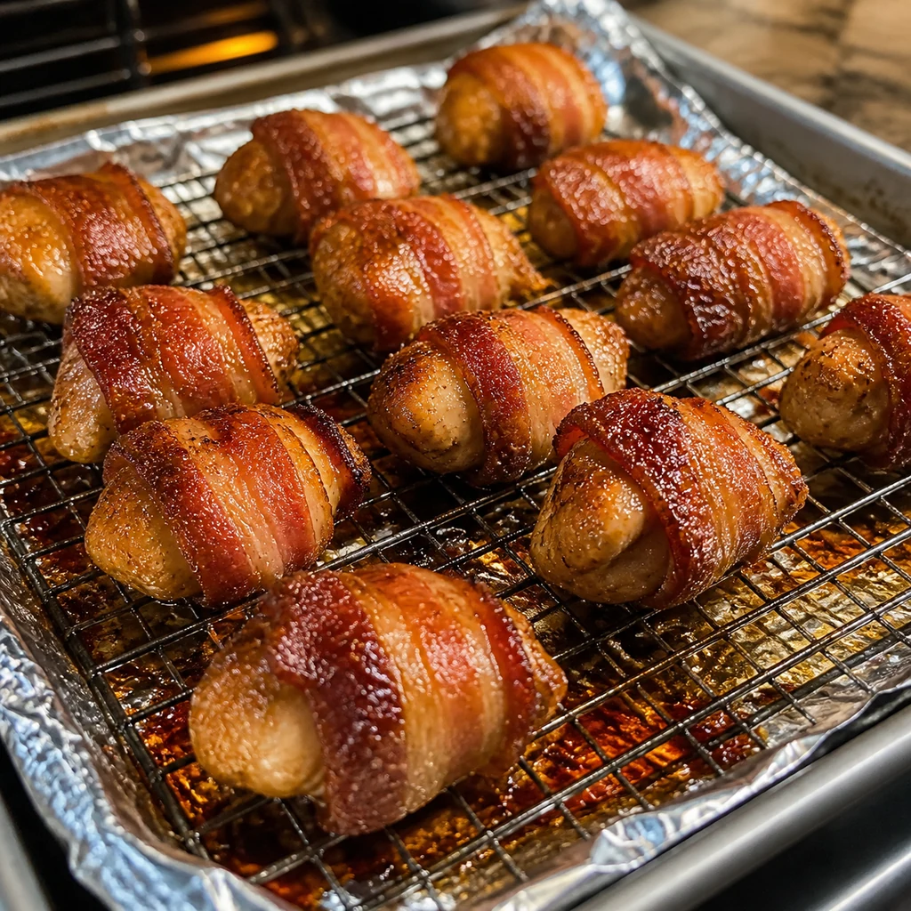 Chicken bacon wraps baking on a wire rack until crisp