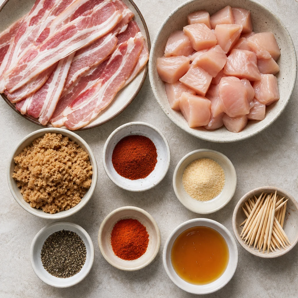 Ingredients for sweet chicken bacon wraps arranged together