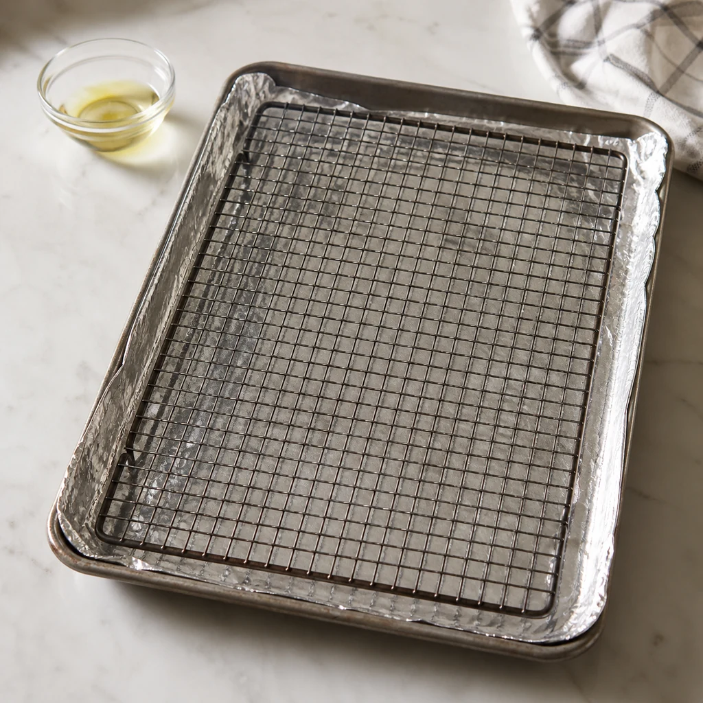 Foil-lined baking sheet with wire rack prepared for chicken bacon wraps