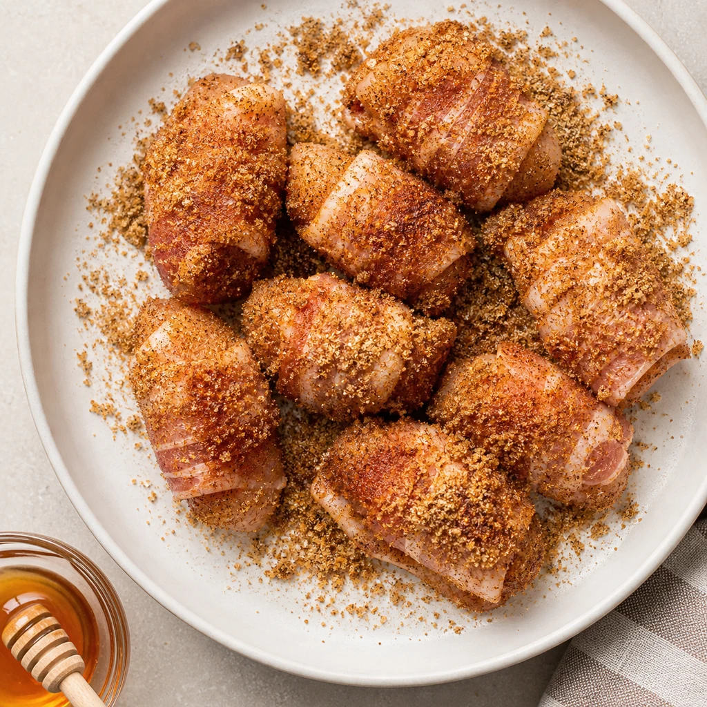 Bacon-wrapped chicken coated in brown sugar spice mixture