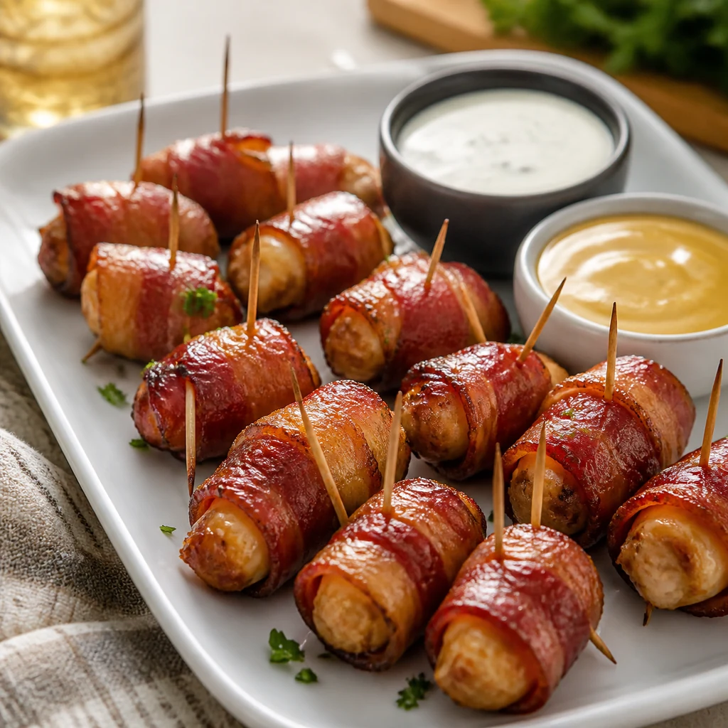 Sweet chicken bacon wraps served warm with dipping sauces