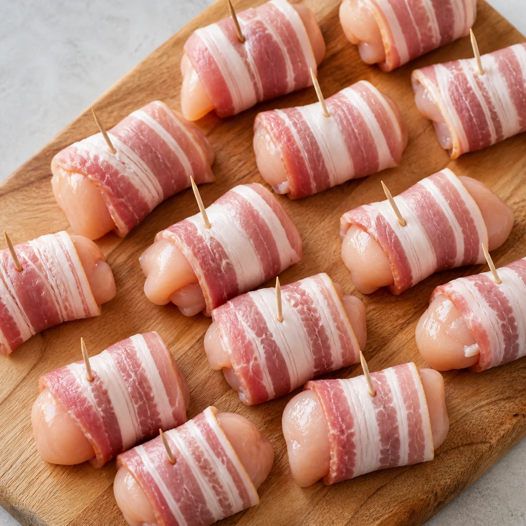 Chicken cubes wrapped with bacon and secured with toothpicks