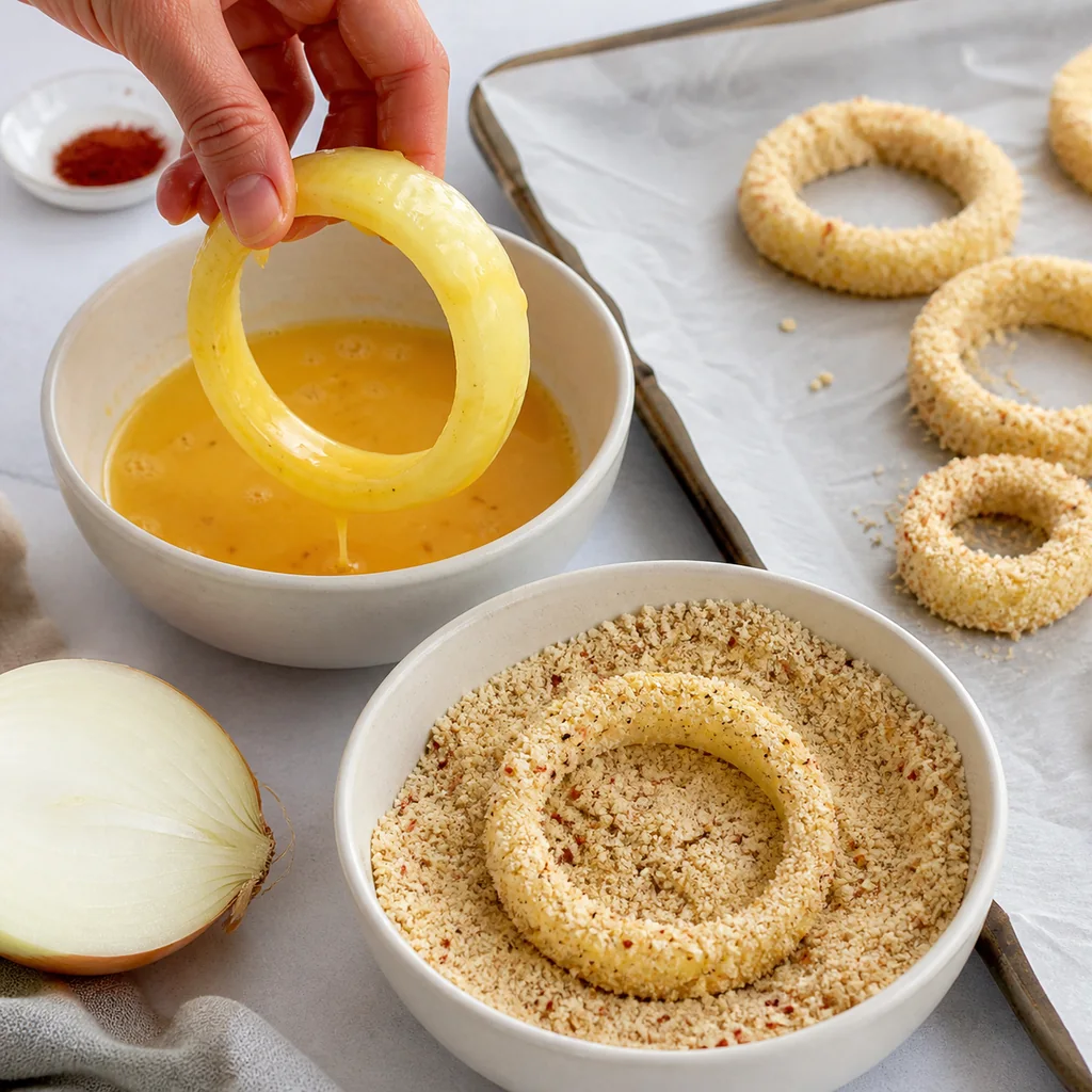 Cheese-free almond flour coating being pressed onto onion rings